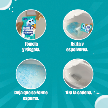 Tómela y rásgala. Agita y espolvorea. Deja que se forme espuma. Tira la cadena