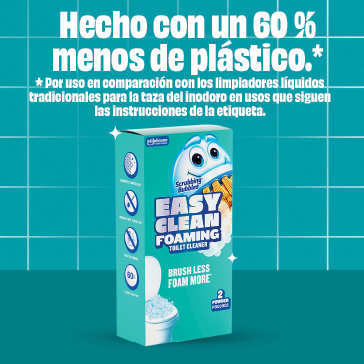 Hecho con un 60 % menos de plástico*. * Por uso en comparación con los limpiadores líquidos tradicionales para la taza del inodoro en usos que siguen las instrucciones de la etiqueta