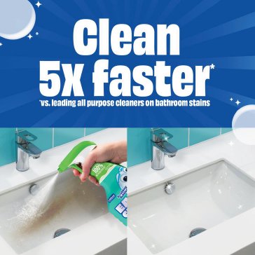 Clean 5X faster*. vs. leading all purpose cleaners on bathroom stains