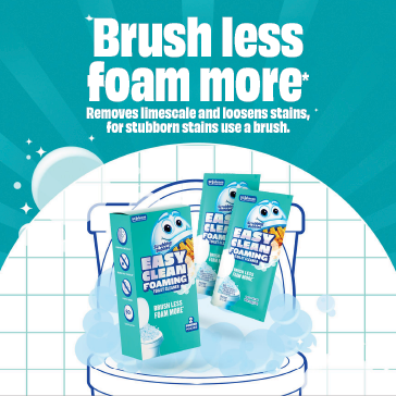 Brush less foam more. Removes limescale and loosens stains. For stubborn stains use a brush