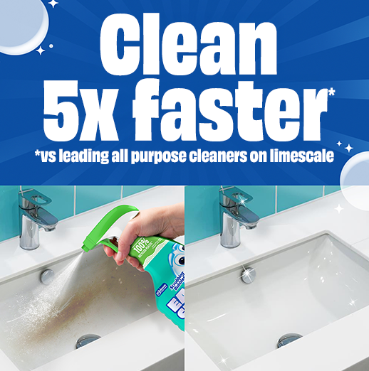 Clean 5X faster*. vs. leading all purpose cleaners on bathroom stains